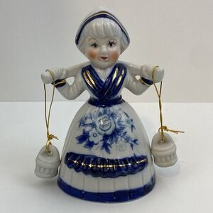 PORCELAIN DUTCH GIRL FIGURINE BLUE + WHITE DELFT YOKE & WATER PAILS BELL